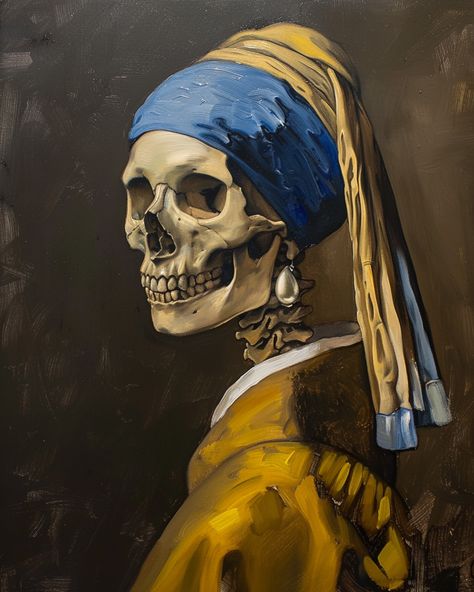 #Skeleton #PearlEarring #VermeerStyle #OilPainting #ClassicArt #71:89 #TheCandie Blue And Yellow Pearl, Pearl Earrings Outfit, Earring Inspired, Inspirational Digital Art, Rosé Phone, Yellow Pearl Earrings, Girl With A Pearl Earring, Yellow Pearl, A Skeleton