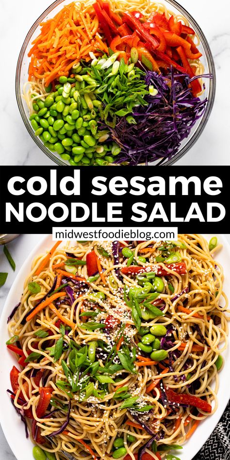 Two photos of cold sesame noodles No Cook Noodle Salad, Sesame Ginger Noodle Salad, Cold Noodle Salad Recipes, Cold Thai Noodle Salad, Vegan Sesame Noodles, Cold Asian Noodle Salad, Cold Noodles Recipes, Asian Noodle Salad Recipe, Cold Noodle Salad