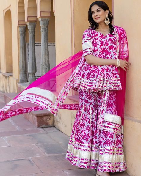 We love these traditional printed cotton shararas from Pomcha Jaipur 💜🩷 beautiful paired with traditional silver jewellery and simple makeup looks 🤍 Shop online or book an in-store shopping appointment at our Manchester studio:  Online: www.minaxicouture.com  Phone: 07466159819 .  .  . #MinaxiCouture #AsianBridalCouture #AsianBridalBoutique #IndianBridal #PakistaniBridal #BollywoodStyle #ManchesterAsianWear #ManchesterBusiness #ShopSmallBusiness #AsianFemaleEntrepreneur #SouthAsianFashion #... Kurta Sharara Set, Kurta Sharara, Anarkali Kurti, White Kurta, Asian Bridal, Sharara Set, Net Dupatta, Pakistani Bridal, Cotton Bottoms