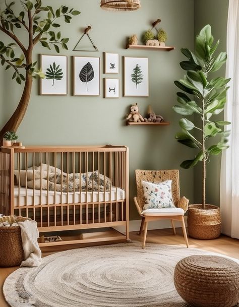 These creative Nursery Room Design ideas to create a cozy and stylish space for your baby, with tips on decor, light, and eco-friendly. Sage Safari Nursery, Nursery Ideas Rental Home, Baby Nook In Parents Room, Neutral And Green Nursery, Safari Baby Boy Nursery, Plant Themed Baby Nursery, Green Baby Room Ideas, Plant Theme Nursery, Plant Nursery Aesthetic