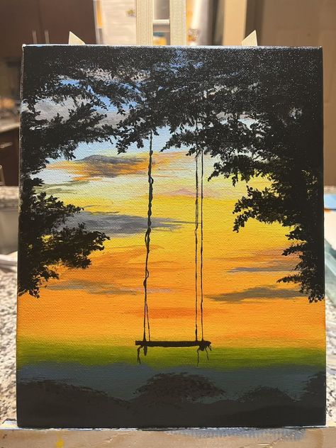 Simple Landscape Ideas Painting, Big Acrylic Painting Canvas Ideas, Easy Nature Paintings On Canvas, Simple Nature Paintings Acrylic, Painting Landscape Acrylic, Drawing Of Sunset, Sunsets Paintings, Simple Acrylic Paintings For Beginners, Relaxing Paintings