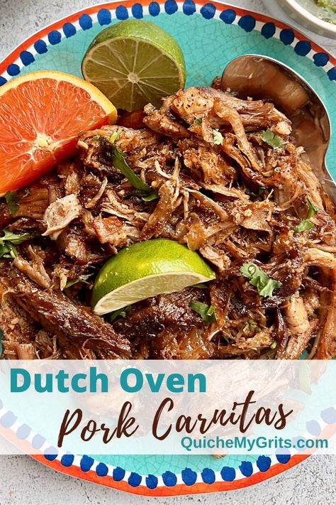 A plate of pork carnitas and slices of lime and grapefruit. Pork Carnitas Recipe Oven, Carnitas Recipe Oven, Roast Pork Tacos, Authentic Carnitas Recipe, Mexican Pork Carnitas, Dutch Oven Pulled Pork, Mexican Pork Recipes, Pork Oven, Pulled Pork Carnitas