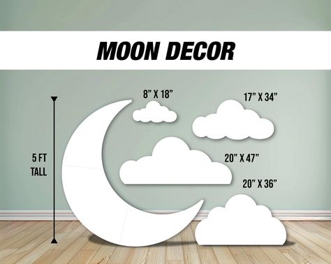 High resolution, Single Sided, Durable Cutouts, Weather Resistant. Waterproof Sizing differs base on package selected. Please refer to the image for sizing reference. if you need a different size, please message us. Larger piece will ship folded, to reduce shipping cost, print quality is not affected by the fold. Material: Coroplast 4mm fluted plastic  If you have a specific color or text request please message us :) or leave a message at checkout. Over The Moon Table Decorations, Moon Stars Baby Shower Ideas, Moon Decorations Party, Angel Baby Shower Theme, Over The Moon Baby Shower Ideas Boy, Moon And Star Decorations, Space Themed Baby Shower Ideas, Moon And Stars Baby Shower Theme, Over The Moon Baby Shower Ideas