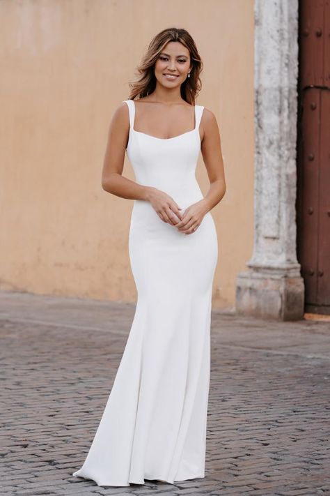 Allure Bridals Style #9965. Wedding Dresses Satin Simple, Square High Neck Wedding Dress, Clean Sleek Wedding Dress, Wedding Dress For Big Busted Women, Wedding Dresses Scoop Neckline, Chic Timeless Wedding Dress, Sleek A Line Wedding Dress, Spring Time Wedding Dresses, Wedding Dress Classic Timeless