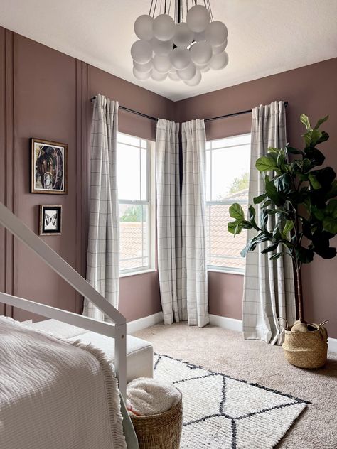 How To Create a Boho Mauve Girl's Bedroom with a House Bed - XO My Home Glidden Dusty Mauve, Behr Mauve It, Pink Purple Wall Paint, Perfect Mauve Paint Color, Mauve Toddler Girl Room, Toddler Girl Room Paint Colors, Light Mauve Paint, Mauve Bedroom Walls, Mauve Paint