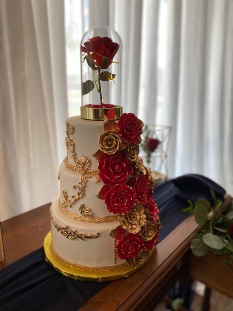 Beauty And The Beast Cakes Quinceanera, Beauty And The Beast Themed Wedding Cake, Sweet 16 Beauty And The Beast Theme Dress, Quince Ideas Beauty And The Beast, Beauty And The Beast Xv Theme, Red Quince Theme Cake, Beauty And The Beast Reception, Quince Cake Red And Gold, Beauty And The Beast Sweet 16 Cake