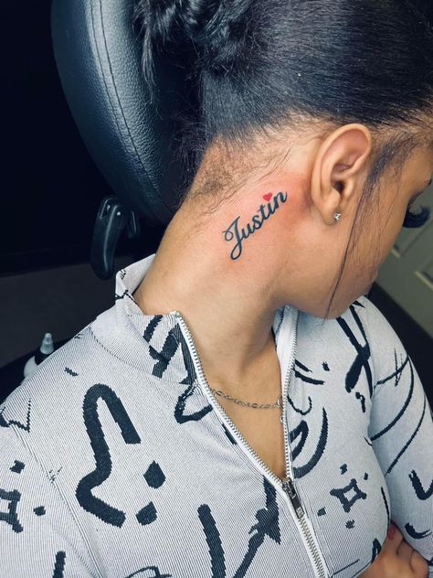 Name On Side Of Face Tattoo, Name Tattoos For Son, Justin Name Tattoos, Name Tattoo On Neck For Women, Justin Tattoo Name, Ear Tattoo Name, Tattoo Name Placement For Women, Name Neck Tattoo For Women, Name On Neck Tattoo