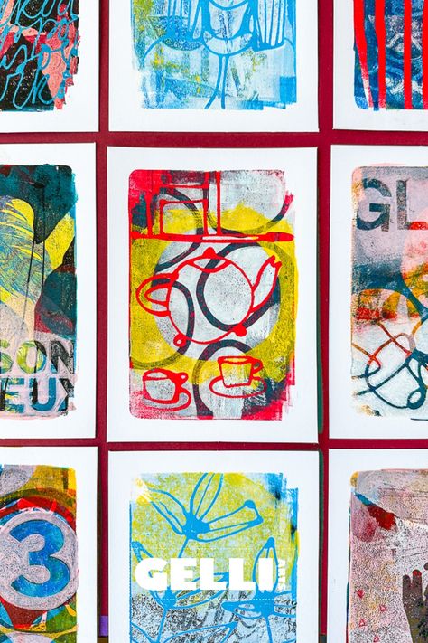 Image of 9 colourful layered monoprints with a clean white border around them. The prints are presented in a grid, and only the middle one is featured in its entirety. The one in the middle shows a hand-drawn illustration in red of a tablescape with a teapot and two cups/saucers and a chair in the background. There are also some organic circle shapes in a dark colour, and there's a yellow outline of a circle around the teapot drawing. The overlay text reads 'Gelli Arts'. Gelli Printing Tutorials, Types Of Masks, Gel Printing Plate, Gelli Printing Techniques, Monoprint Art, Gelli Plate Techniques, Gelli Printing Art, Gelli Plate Art, Gel Printing