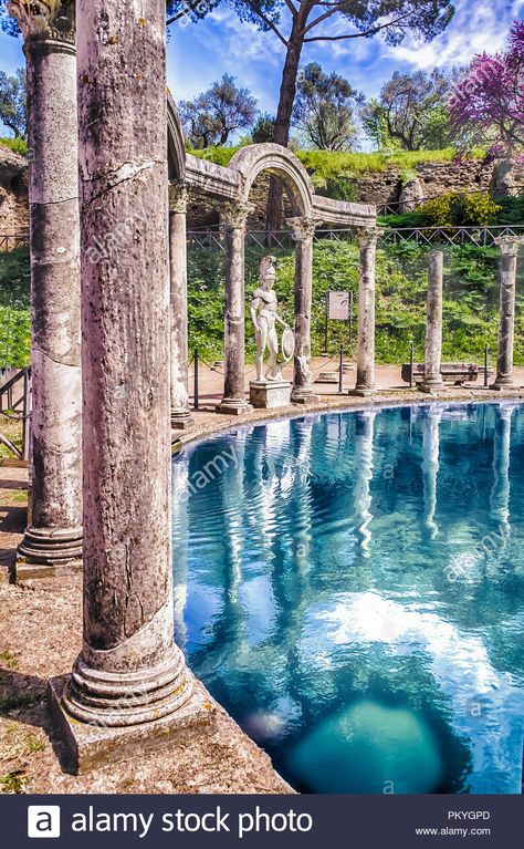 Download this stock image: Greek statue of Ares overlooking the ancient pool called Canopus, inside Villa Adriana (Hadrian's Villa), Tivoli, Italy - PKYGPD from Alamy's library of millions of high resolution stock photos, illustrations and vectors. Greek Garden Aesthetic, Ancient Greek Garden, Greek Pool, Hadrian's Villa, Exterior Aesthetic, Greek Homes, Ancient Greece Aesthetic, Tivoli Italy, Roman Pool