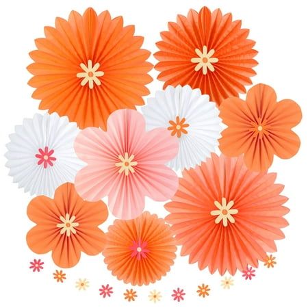 Paper Floral Backdrop, Flower Party Decorations, Paper Fan Decorations, Pink Party Decorations, Orange Party, Fan Decoration, Paper Flower Decor, Orange Paper, Paper Backdrop