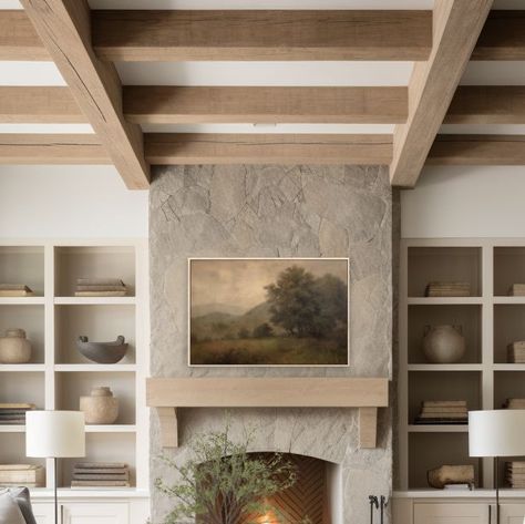 Melissa Welsh on Instagram: "I would love to cozy up in this beautiful California Casual style living room! The light neutral color palette, gorgeous stone fireplace, and stunning ceiling beams are right out of my "dream home" playbook. Using AI has been a fun way to create inspiration rooms like this one, and bring my designs to life. What do you think? AI-assisted design by: @welshdesignstudio #californiacasual #modernfarmhouse #californiacasualstyle #homedecorating #interiordesign #aidesign #homestyle #homedecor #ceilingbeams #fireplaceideas #livingroom #livingroomdecor #livingroom #livingroominspo #homerenovation #interiordesign #styleathome #dreamhouse #interiorstyle #interiordesigntrends #houselove #neutraldecor #lightandbright #makehomeyours #homesweethome #interiorstyling #livi Living Room With Stone Fireplace Decor, Cali Casual Living Room, Julie Ireland Interiors, Stone Fireplace And Built Ins, Light Wood Fireplace, Neutral Cottage Living Room, Floor To Ceiling Stone Fireplace, Living Rooms With Beams, Living Room With Beams On Ceiling