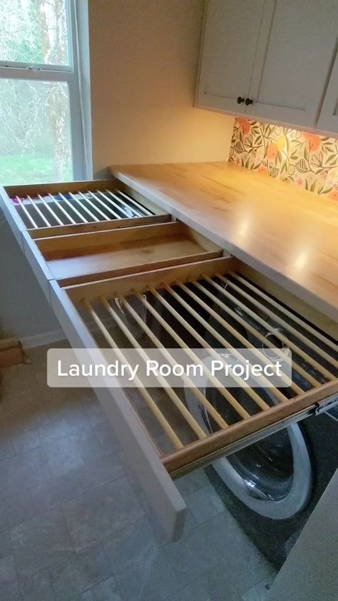 Small Laundry Room With Closet, Utility Drying Room, Laundry Room With Pull Out Drying Rack, Laundry Closet Drying Rack Ideas, Innovative Laundry Room Ideas, Drying Rack In Cabinet, Laundry Center Ideas, Small Laundry Room With Drying Rack, Laundry Room Wall Drying Rack