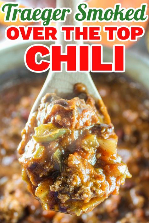 This Traeger Over The Top Chili is hands down the best chili I've ever had! The smoked meatball you put above the chili turns out smokey and so juicy! Plus - with the Traeger - it's super simple - you set the temp and that's it! via @foodhussy Chilli On The Smoker, Smoker Snacks, Smoked Spaghetti, Over The Top Chili, Top Chili Recipes, Smoked Chili Recipe, Green Mountain Grill Recipes, Traeger Smoker Recipes, Traeger Cooking