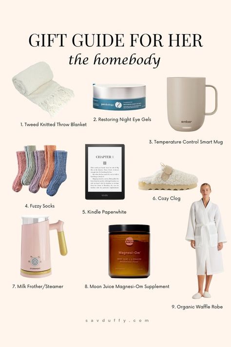 Gift guide collage featuring cozy gift ideas for the homebody such as an aesthetic pink milk frother, fuzzy socks, a knit throw blanket, an organic cotton bathrobe, and more Cozy Gifts, Many Friends, Routine Skincare, Knit Throw Blanket, Fuzzy Socks, Cozy Gift, Best Gift Ideas, Kindle Paperwhite, Knitted Throws