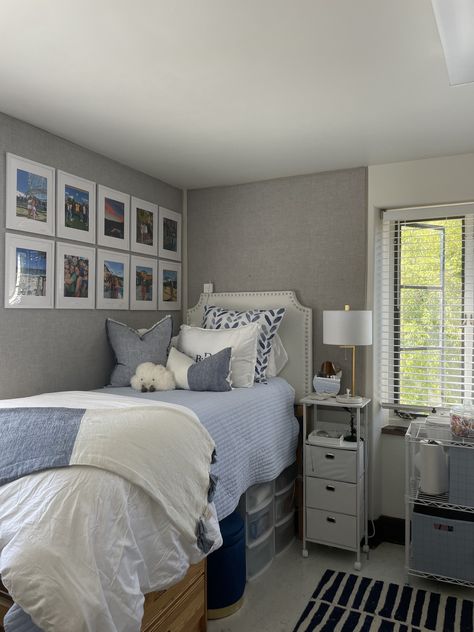 Gray College Dorm Room, Dorm Room Grey And White, Dorm Room Beach Theme, Blue And Grey Dorm Room Aesthetic, Behind Bed Wall Decor Dorm, College Dorm 2023, Blue White And Grey Dorm Room, Dorm Room Ideas Coastal Granddaughter, Dorm Color Ideas