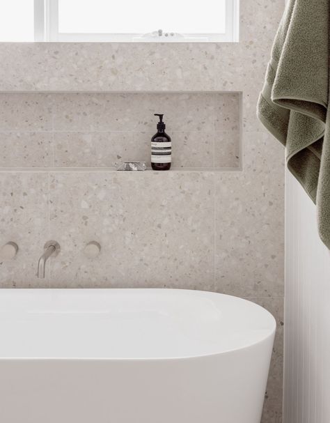 We're in love with @taurodesigns bathroom design. 🤩 Our Sparkle Beige terrazzo tiles look fabulous and is a popular choice with our clients! - Introduce contemporary luxury into your space with our tiles.   Currently 20% off with our EOFY sale ✨ T&C's Apply Bathroom Ideas With Terrazzo, Terrazzo Bathroom Brushed Nickel, Bathroom Terrazzo Floor Tiles, Australian Bathroom Tiles, 2x2 Tiles Bathroom, Part Tiled Bathroom, Light Terrazzo Bathroom, Terazzo Floor Bathroom Ideas, Terrazzo Look Tile