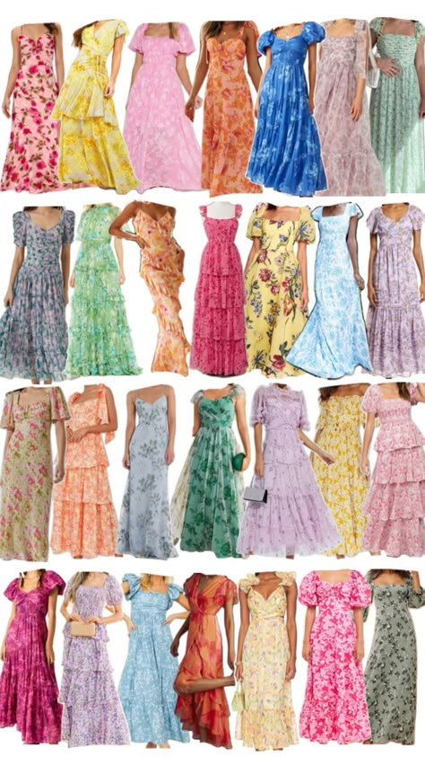 Bridesmaids Dresses- Mismatched Colorful Floral Inspiration- bridesmaid dress lineup inspiration with multicolor floral dresses, garden party wedding, wildflower wedding Floral Bridesmaid Dresses Mismatched, Garden Bridesmaids Dresses, Floral Themed Wedding, Wildflower Wedding Theme, Wedding Themes Spring, Floral Bridesmaid Dresses, Garden Theme Wedding, Bridal Shower Outfit, Floral Bridesmaid