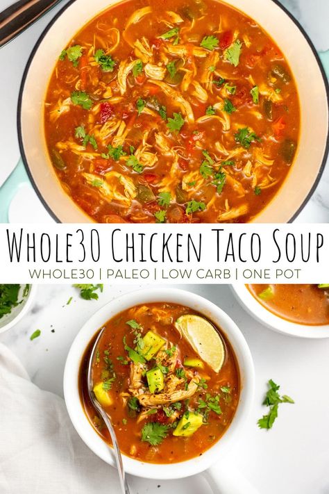 This Whole30 taco soup is made with chicken and veggies for a healthy and flavorful and family friendly meal. This recipe is Whole30 compliant, paleo friendly, dairy free and low carb/keto friendly as well so it can work for so many different dietary preferences. It's also made in only one pan which makes for not only an easy meal, but easy clean up! Check out the full recipe for instant pot instructions as well! #whole30 #whole30recipes #paleo #paleorecipes #dairyfree #lowcarb #keto Paleo Taco Soup, Healthy Taco Soup, Paleo Taco, Paleo Tacos, Chicken Taco Soup Recipe, Paleo Soup, Soup With Ground Beef, Low Cholesterol Recipes, Chicken And Veggies