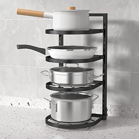 Pan Stand Ideas, Pot And Pan Rack, Cookware Stand, Small Apartment Inspiration, Pot And Pans Organization, Cookware Storage, Enamel Dutch Oven, Pan Storage, Kitchen Pans