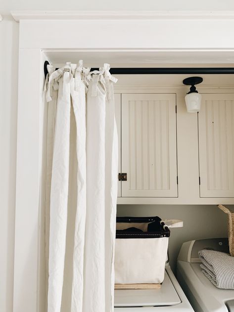 Laundry Closet | Laundry Room Curtains, Laundry Cupboard, Laundry Doors, Laundry Nook, Closet Curtains, Laundry Room Closet, Laundry Room Doors, Farmhouse Laundry, Laundry Room Remodel