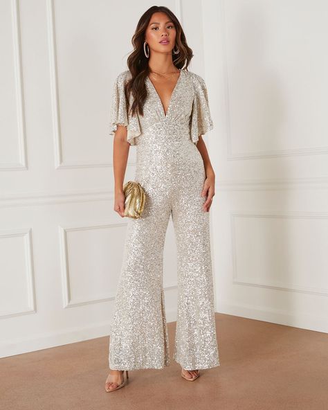 Silver % Trophy Wife Sequin Jumpsuit-1 Vegas Wedding Jumpsuit, Sparkly Wedding Jumpsuit, Silver Themed Party Outfit, White Sparkle Jumpsuit, Sparkly Jumpsuit Outfit, Disco Diva Outfit, 50th Birthday Outfits For Women Classy, Semi Formal Jumpsuit, Halter Jumpsuit Outfit