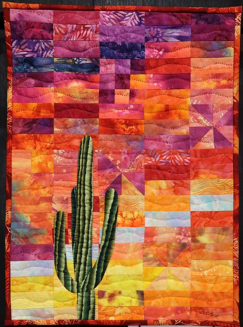 Desert Landscape Quilts Ideas, Cactus Quilt Pattern Free, Desert Quilt Patterns, Desert Quilt, Cactus Collage, Cactus Quilt, Southwest Quilts, Collage Quilts, Crumb Quilt