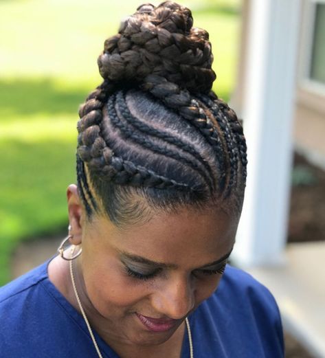 Different Sized Goddess Braids in a Bun Goddesses Braids, Trenzas Updo, Cornrow Updo, Cornrows Updo, Goddess Braids Updo, Goddess Braid Styles, Updos Hair, Fav Hairstyles, Feed Ins