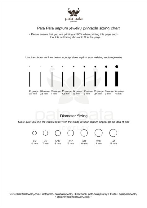 Septum Piercing Wire and Diameter Sizing Chart – patapatajewelry Septum Sizes Chart, Septum Gauge Sizes, 14g Septum Piercing, Nose Ring Sizes Chart, Septum Piercing Sizes, Nose Piercing Size Chart, Gauge Size Chart, Septum Gauge, Septum Sizes