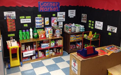 Our Grocery Store in our Play and Pretend center. The Corner Market! Grocery Store Dramatic Play, Play Grocery Store, Display Visual Merchandising, Purposeful Play, Role Play Areas, Play Corner, Dramatic Play Preschool, Dramatic Play Area, Preschool Centers