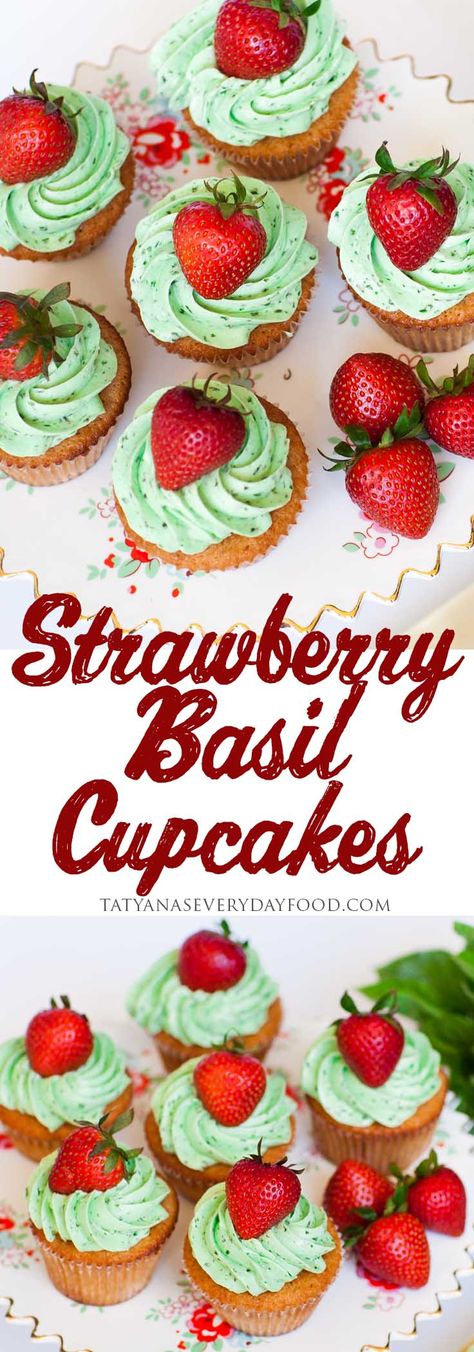 Moist, delicious strawberry cupcakes frosted with basil buttercream. Yep, you read that right, basil buttercream! It’s one of the most unique buttercream flavors; very refreshing and delicious and perfect for these strawberry cupcakes! If you want to serve a dessert that’s bound to have your guests asking for the recipe, make these sweet treats! Watch […] Basil Buttercream, Strawberry Basil Cupcakes, Basil Dessert Recipes, Herb Cupcakes, Unique Cupcake Flavors, Unique Cake Flavors, Frost Cupcakes, Cupcake Videos, Unique Cupcakes