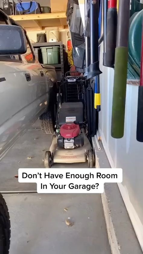 Lawnmower Garage Storage, How To Store Wheelbarrow In Garage, How To Store Golf Clubs In Garage, Garage Mower Storage, Garage Power Washer Setup, Garage Organization Ideas Lawn Mower, Garage Organization Lawn Mower, Garage Storage Lawn Mower, Storing Lawn Mower In Garage