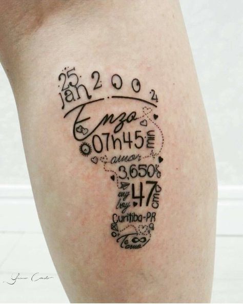 Baby foot, birth date, weight, name tattoo ❤️ Tattoos For Childrens Names, Baby Name Tattoos, Maori Tattoos, Tattoo For Son, Парные Тату, Name Tattoo Designs, Baby Tattoos, Sleeve Tattoos For Women, Tattoos For Kids