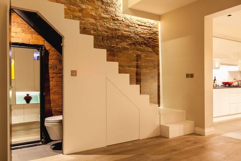 6 Feng Shui Solution Ideas for Bathroom Designs Kitchen Cabinets End Panels, Understairs Toilet, Stair Dimensions, Cloakroom Toilet, Contemporary Hallway, Bathroom Under Stairs, Stairs Storage, Industrial Style Bathroom, Edwardian House