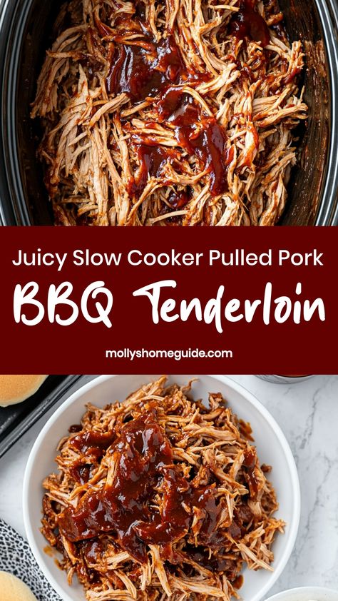 Indulge in the juicy and flavorful goodness of slow cooker pulled pork BBQ tenderloin! This easy-to-make dish is perfect for family dinners, gatherings, or meal prepping. Let your slow cooker do all the work as the tender pork loin cooks to perfection, seasoned with your favorite BBQ sauce. The melt-in-your-mouth texture and mouthwatering aroma will have everyone asking for seconds. Pork Loin Barbecue In Crockpot, Bbq Tenderloin Crockpot, Pork Tenderloin Pulled Pork Oven, Pull Pork Tenderloin Crock Pot, Easy Shredded Pork Recipes Crockpot, Slow Cooker Bbq Pork Tenderloin, Crock Pot Bbq Pork Tenderloin, Bbq Pork Tenderloin Recipes In Crockpot, Barbecue Pork Tenderloin Crockpot