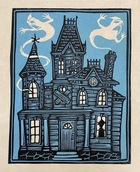 Haunted House Block Print | Etsy Woodcut Prints, Linocut Printmaking, Star Wars Prints, Lokta Paper, Relief Printing, Linocut Art, Woodcuts Prints, Relief Print, Halloween Poster