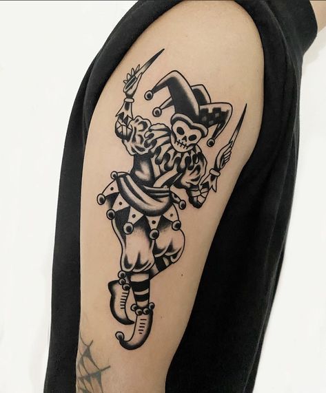 Clown Tattoo Traditional Flash Art, Dark Carnival Tattoo, Carnival Theme Tattoos, Emo American Traditional Tattoos, Black And White Clown Tattoo, Street Art Tattoo Ideas, Circus Themed Tattoo, American Traditional Jester Tattoo, Joker Traditional Tattoo