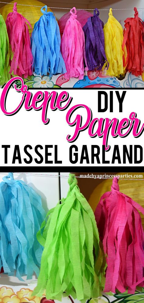 It's easy to make your own tissue paper tassels and even easier to make a tassel garland using crepe paper streamers. Get ready to get creative! Things To Make With Streamers, Crepe Paper Streamers Ceiling, Paper Tassels Decoration, Diy Tassel Garland Yarn, Crepe Paper Tassel Garland, Tissue Paper Streamers, Crepe Paper Ceiling Decorations, How To Make Streamers, Street Festival Decorations