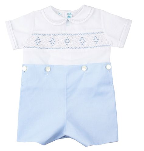 Feltman Brothers Baby / Toddler Boys White / Light Blue Smocked Button On Bobbie Suit Boys Smock, Boy Christening Outfit, Baby Bubble Romper, Boy Christening, Christening Outfit, Blue Embroidery, Bubble Romper, Pan Collar, Peter Pan Collar