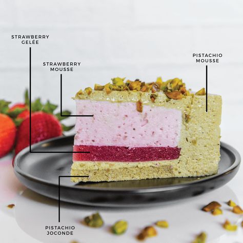 Pistachio Strawberry Entremet - Hungry Little Asian Girl Strawberry Pistachio Cake, Pistachio Strawberry Cake, Entremet Cake Recipe, Entremet Decoration, Pistachio Mousse Cake, Pistachio Entremet, Strawberry Entremet, Pistachio Cakes, Zumbo's Just Desserts