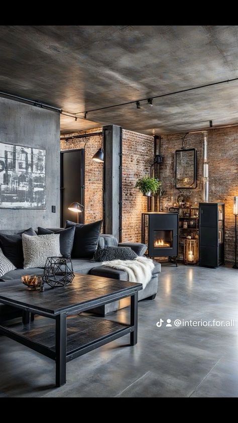 #industrial #livingroom #interior #industrialstyle #architecture #brick #fireplace #cozy #modern New York Loft Interior Design, Industrial Living Room With Fireplace, Apartment Interior Industrial, Black Industrial Living Room, Office Fireplace Ideas, Concrete Interior Design Living Room, Neo Industrial Interior, Living Room White And Wood, Industrial Architecture Interior