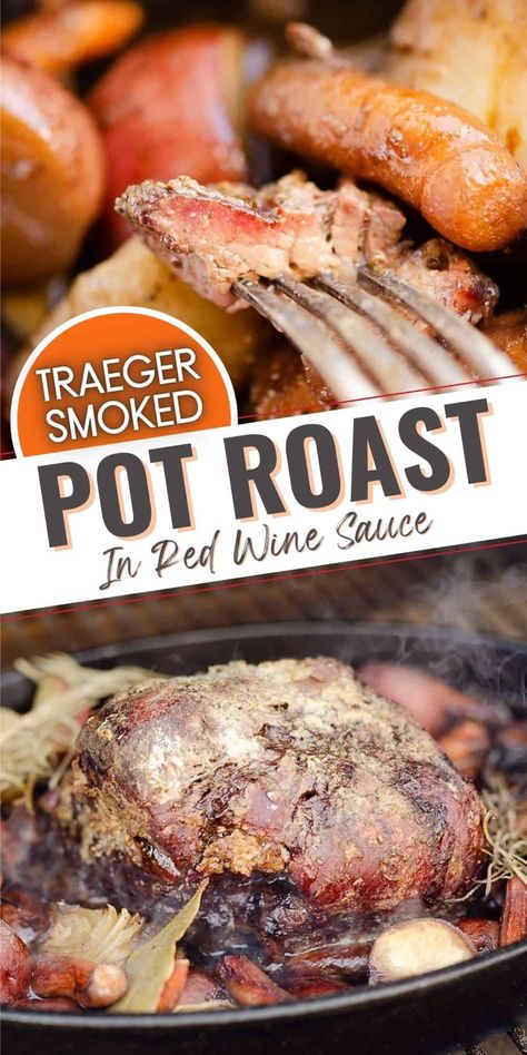 Smoked Pot Roast Traeger, Traeger Chuck Roast, Pellet Grill Pot Roast, Smoked Pot Roast Recipes, Pot Roast On The Grill, Traeger Pot Roast, Smoked Chuck Roast Recipes, Smoked Roast Recipe, Pot Roast And Vegetables