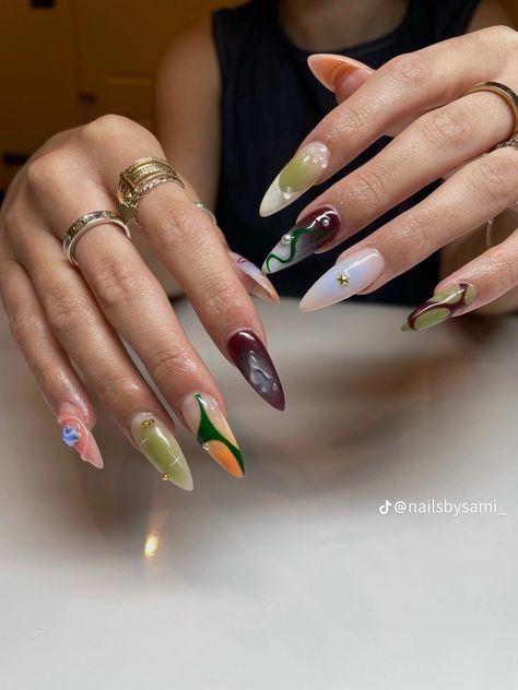 Mismatched Nails, Nail Art Inspo, Retro Nails, Colorful Nail, Pretty Gel Nails, Nail Jewelry, Dream Nails, Fire Nails, Funky Nails