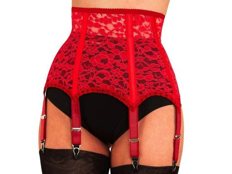 High Waist Red Lace 97% Polyamide, 3% Elastane 6 Red Straps Metal Clips & Adjusters Waist Sizes 60 - 106cm Leg Garters, Garter Belt And Stockings, Stockings Outfit, Waist Cincher Corset, Retro Lingerie, Lingerie Vintage, Vintage Clothing Stores, Garter Belts, Stockings Legs