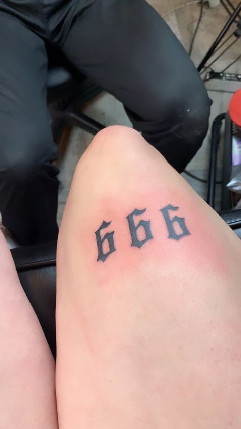 Angel Numbers Above Knee Tattoo, Above Knee Tattoo Numbers, 777 Tattoo Above Knee, Angel Above Knee Tattoo, 666 Angel Number Tattoo, Angel Numbers Tattoo, 666 Tattoo, 777 Tattoo, Number Tattoo