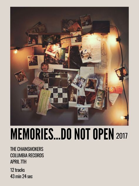 minimal aesthetic polaroid album poster for memories...do not open by the chainsmokers Polaroid Album, Aesthetic Polaroid, The Chainsmokers, Chainsmokers, Do Not Open, Collage Poster, Minimal Aesthetic, Bruno Mars, Epiphany