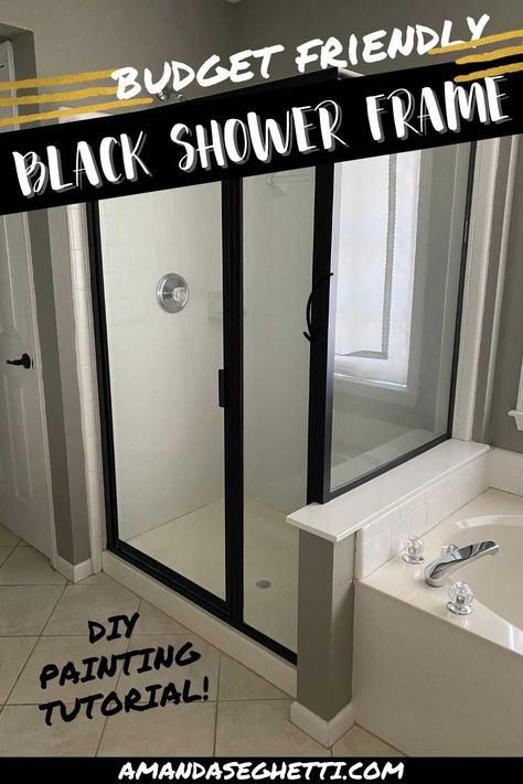 black painted shower door frame Diy Black Shower Door, Diy Master Bath Update, Mini Bathroom Remodel, Dated Shower Redo, Diy Bathroom Shower Ideas, Can You Paint Shower Door Frame, Redo Shower Stall, Upgrade Shower Diy, Standing Shower Makeover