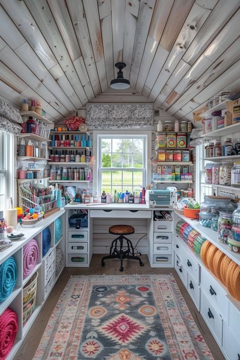 Garage Craft Room Conversion, Sewing Art Room, Organization Ideas For Craft Supplies, Bead Room Ideas, She Shed Art Studio Ideas, Shabby Chic She Shed Interior, Craft Shop Ideas, She Shed For Crafting, Home Craft Room Ideas