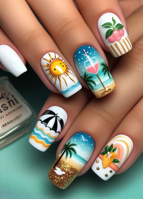 Ready for summer? Discover the hottest beach nail trends that are super cute and on point! Get inspired and nail your summer look. Yellow Nails Simple, Sunshine Nails Design, Beach Nail Art Designs, Sunshine Nails, Vacation Nail Art, Fruit Nail, Disney Acrylic Nails, Nautical Nails, Beach Nail Art