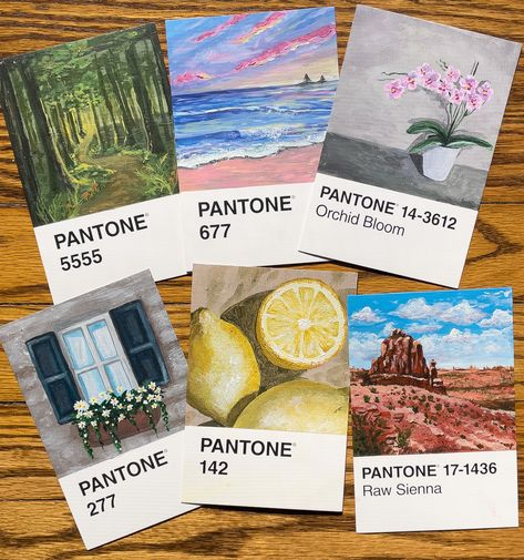 Pantone Card Art, Pantone Challenge Ideas, Pantone Shade Card, Pantone Painting, Pantone Postcards, Pantone Cards, Pantone Challenge, 2023 Pantone, Pantone Art