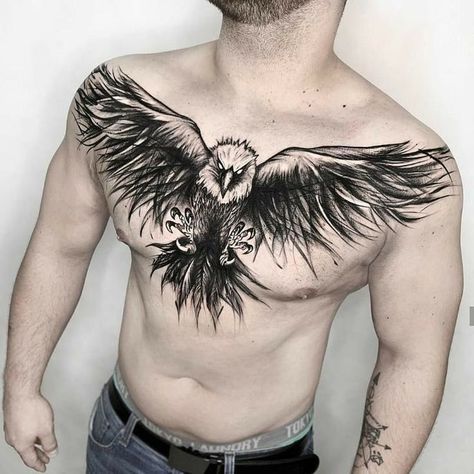 Tato Phoenix, Eagle Chest Tattoo, Wrist Band Tattoo, Wing Tattoo Men, Tato Dada, Small Chest Tattoos, Pola Tato, Egiptul Antic, Crow Tattoo